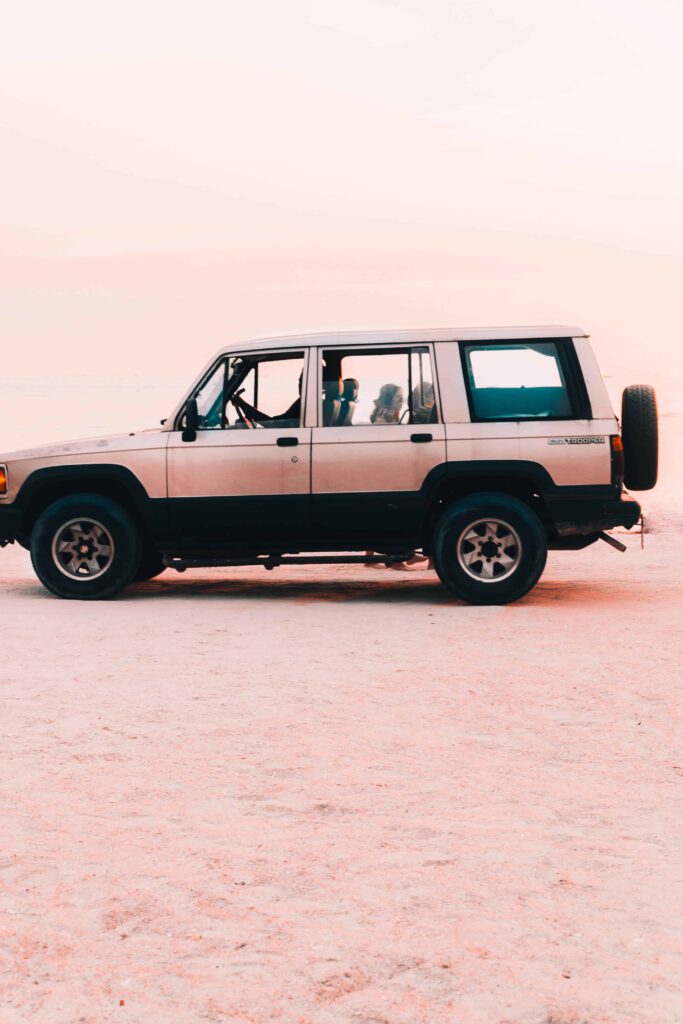 En beige Isuzu Trooper står parkerad på en rosa sandöken under en klar himmel.