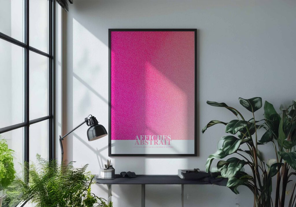 Tavlor som visar Minimalistisk abstrakt målning med en mjuk rosa bakgrund och vit text som lyder "AFFICHES ABSTRAIT". Bilden ger en känsla av lugn och harmoni.