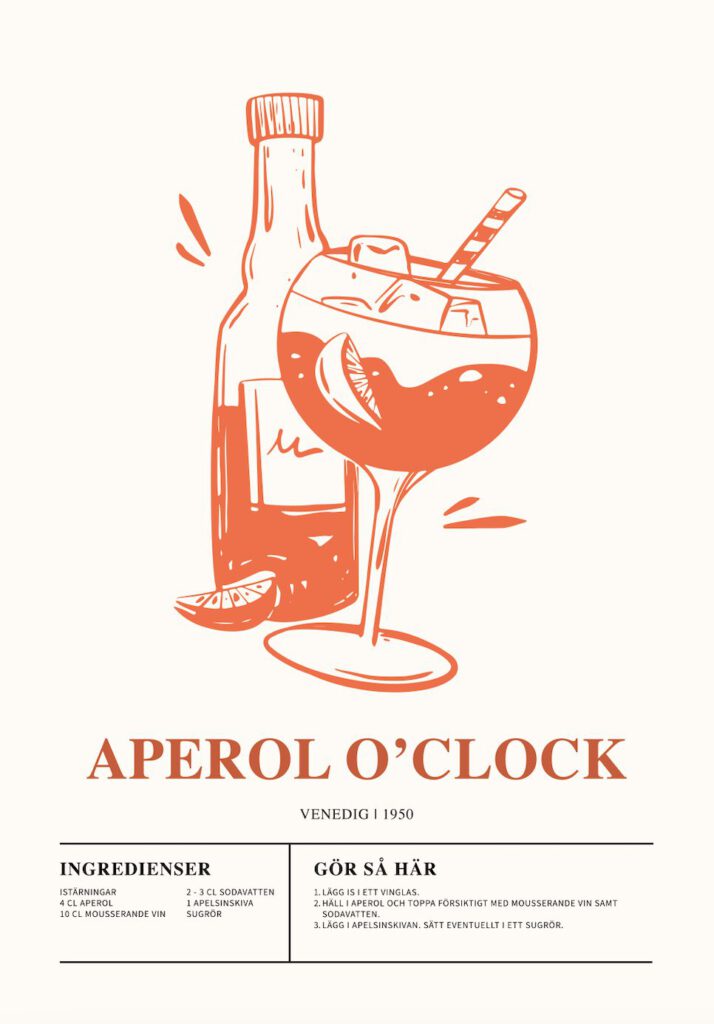 Poster som visar En handritad illustration av ett vinglas fyllt med Aperol Spritz mot en vit bakgrund. Glaset är dekorerat med en apelsinskiva och ett sugrör. En flaska Aperol och isbitar finns också med i bilden. Texten "Aperol Spritz" och "Venedig 1950" syns tydligt.