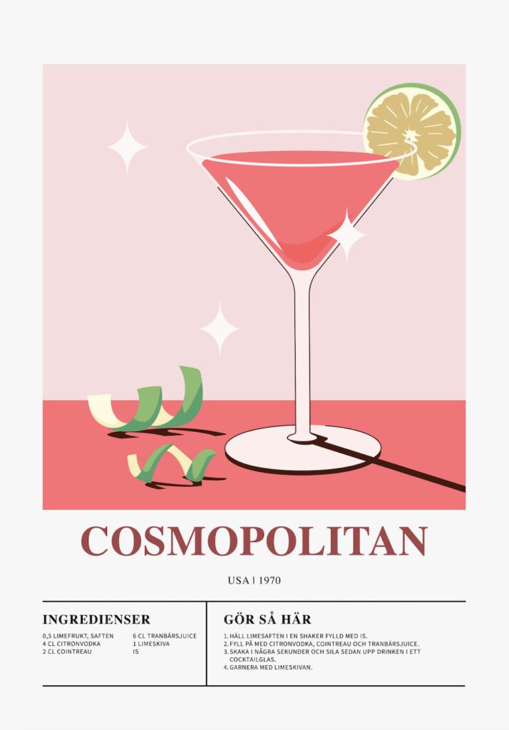 Poster som visar Ett martiniglas fyllt med en rosa drink mot en rosa bakgrund. Glaset är dekorerat med en limeskiva och glitter. Texten "Cosmopolitan" och "USA 1970" syns tydligt.