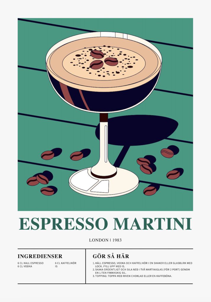 Poster som visar Ett martini-glas fyllt med espresso martini mot en mörkgrön bakgrund. Glaset är dekorerat med kaffebönor. Texten "Espresso Martini" och "London 1983" syns tydligt.