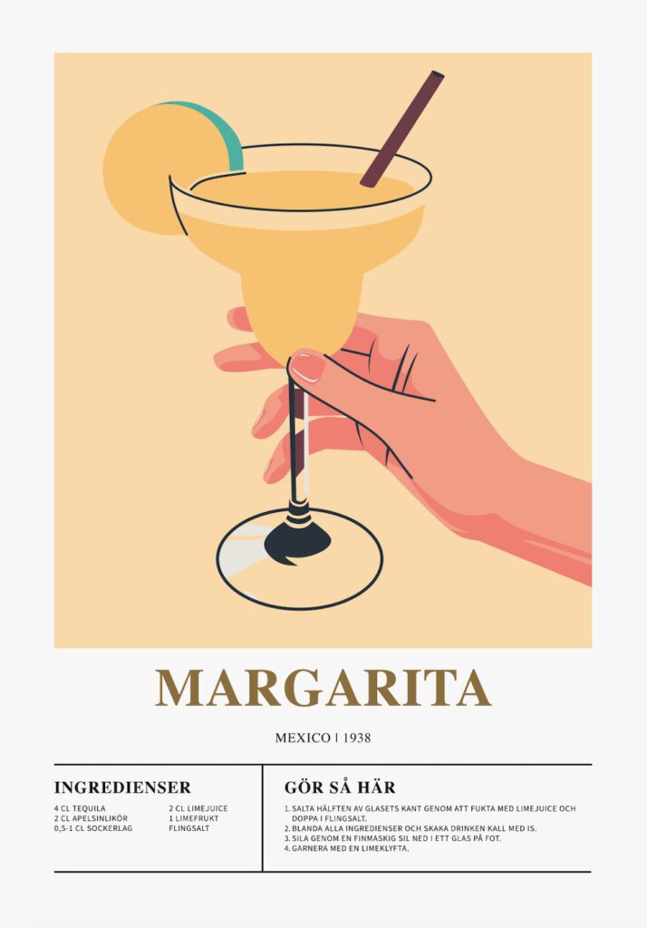 Poster som visar En hand håller i ett margaritaglas fyllt med en orange drink mot en gul bakgrund. Glaset är dekorerat med en limeskiva och saltkant. Texten "Margarita" och "Mexico 1938" syns tydligt.