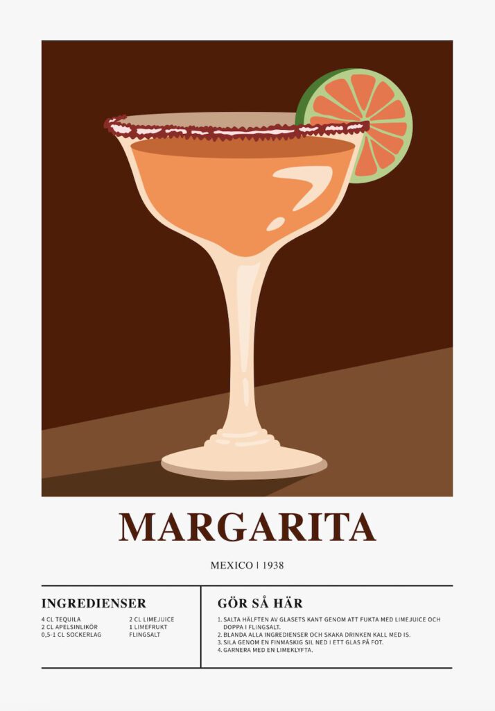 Poster som visar Ett margaritaglas fyllt med en orange drink mot en brun bakgrund. Glaset är dekorerat med en limeskiva och saltkant. Texten "Margarita" och "Mexico 1938" syns tydligt.