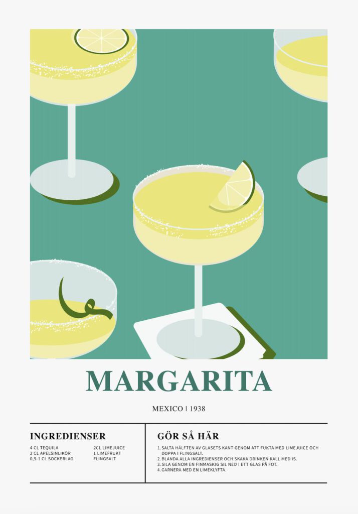 Poster som visar Tre margaritaglas fyllda med en ljusgul vätska mot en turkosblå bakgrund. Glasen är dekorerade med limeskivor och saltkant. Texten "Margarita" och "Mexico 1938" syns tydligt.