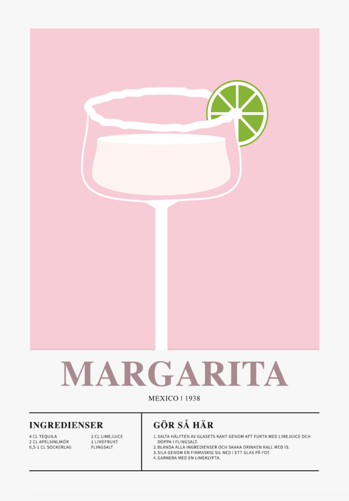 Poster som visar Ett margaritaglas fyllt med en ljusgul vätska mot en ljus bakgrund. Glaset är dekorerat med en limeskiva och saltkant. Texten "Margarita" och "Mexico 1938" syns tydligt.