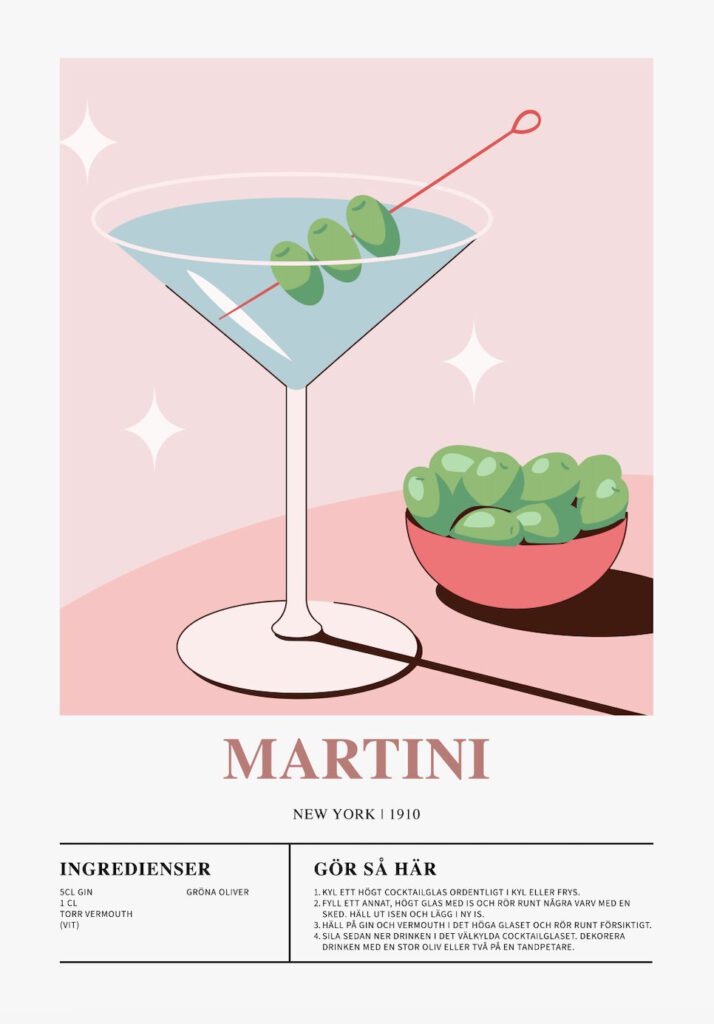 Poster som visar Ett martini-glas fyllt med en blå drink mot en rosa bakgrund. Glaset är dekorerat med gröna oliver. En skål med oliver ligger bredvid. Texten "Martini" och "New York 1910" syns tydligt.