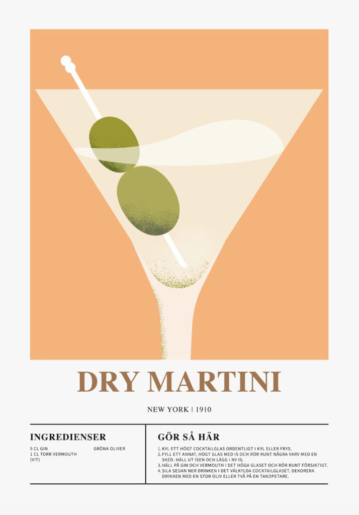 Poster som visar Ett martiniglas fyllt med en blå drink mot en gul bakgrund. Glaset är dekorerat med gröna oliver. En skål med oliver ligger bredvid. Texten "Dry Martini" och "New York 1910" syns tydligt.