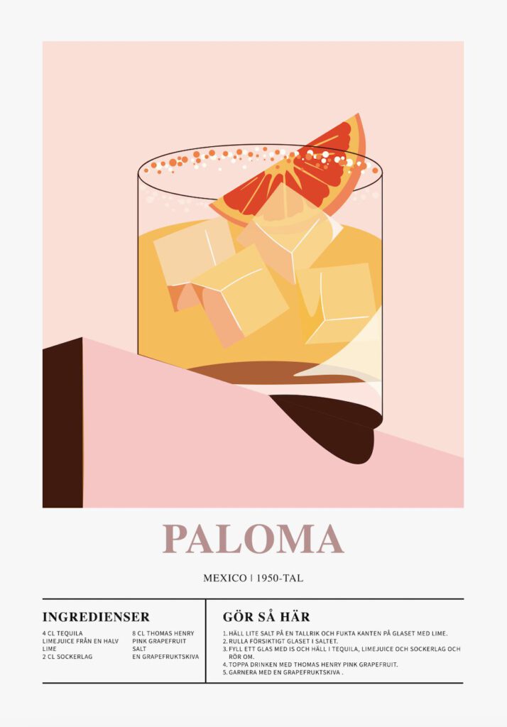 Poster som visar Ett glas fyllt med en rosa drink mot en rosa bakgrund. Glaset är dekorerat med en rosa grapefruktskiva och saltkant. Texten "Paloma" och "Mexico 1950-tal" syns tydligt.