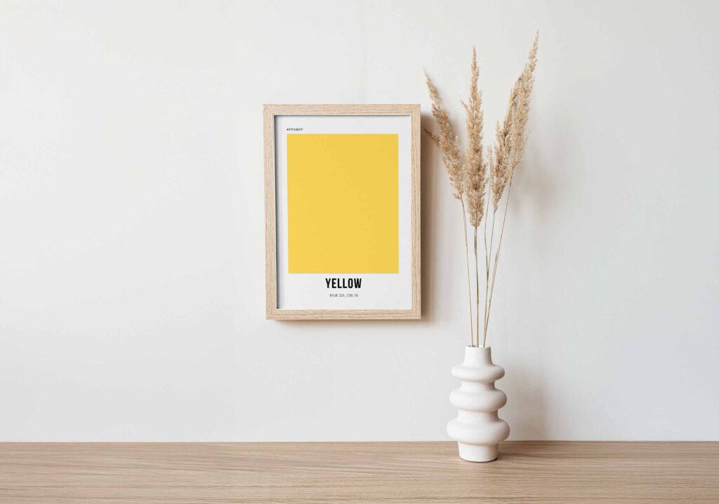 Poster som visar En stor, gul kvadrat med texten "Yellow" och dess RGB-värde i svart under. Bakgrunden är vit.