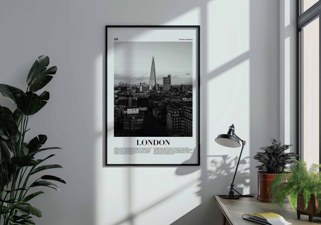 Tavla som visar Ett svartvitt fotografi av Londons skyline med The Shard som det dominerande inslaget.