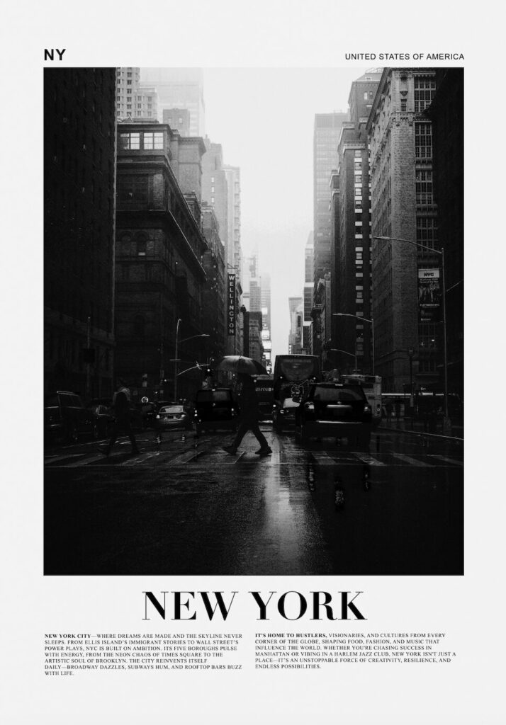 Ett svartvitt fotografi av en ensam person som går längs en gata i New York City, omgiven av höga skyskrapor.