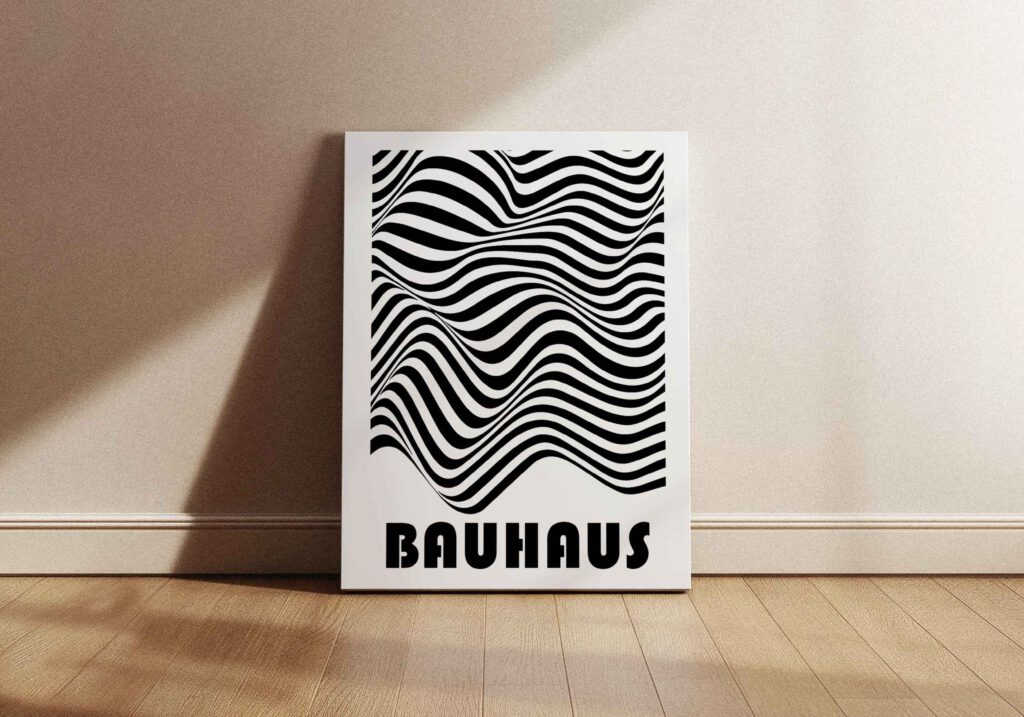 Poster som visar En svartvit poster med ett vågigt, randigt mönster som skapar en optisk illusion, och texten "BAUHAUS" i stort typsnitt nedtill.