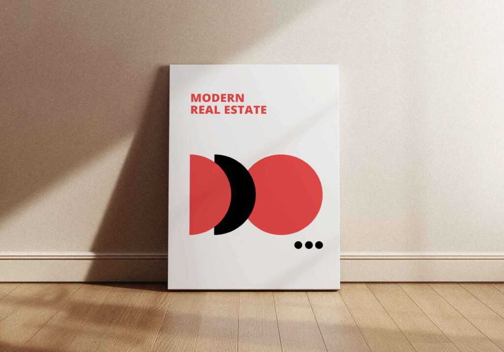 Poster som visar En minimalistisk poster med texten "MODERN REAL ESTATE" i korallrött och geometriska former bestående av två halvcirklar (en korallröd, en svart), en stor korallröd cirkel och tre små svarta cirklar.