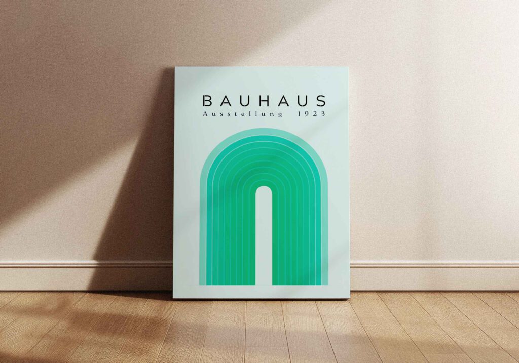 Poster som visar En ljus mintgrön Bauhaus-poster med texten "BAUHAUS Ausstellung 1923" överst, och nedtill ett stort motiv av koncentriska gröna och turkosa bågformade linjer med färggradient.
