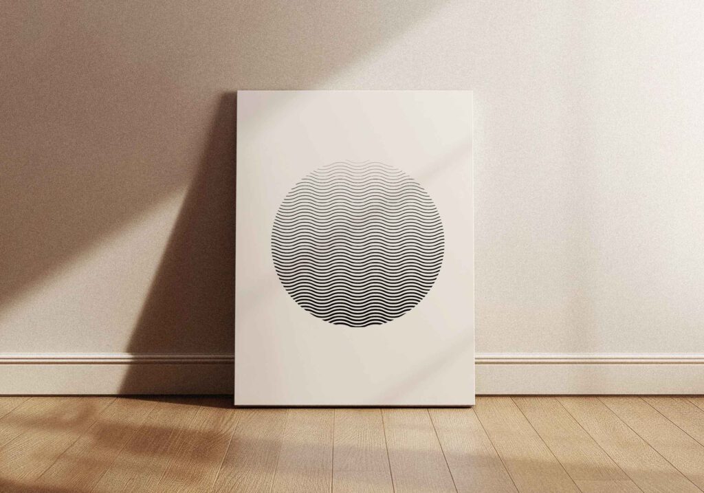 Poster som visar En ljusbeige poster med en stor centrerad cirkel fylld med horisontella vågiga svarta linjer som blir tätare nedåt.