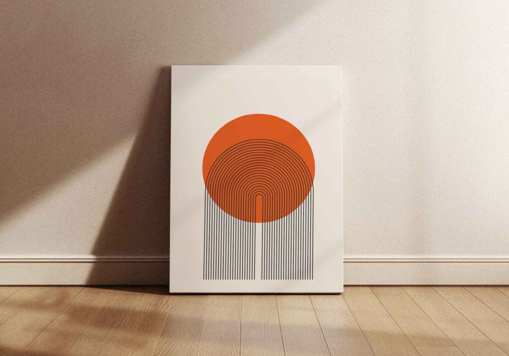 En minimalistisk abstrakt bild med en stor orange cirkel överst. Från cirkelns nedre del sträcker sig parallella mörkgrå linjer nedåt, med koncentriska U-formade bågar i mitten. Ljusbeige bakgrund.