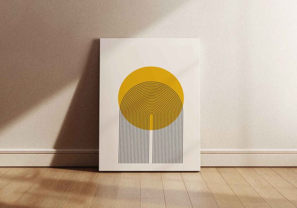 Poster som visar En minimalistisk abstrakt bild med en stor senapsgul cirkel överst. Från cirkelns nedre del sträcker sig parallella mörkgrå linjer nedåt, med koncentriska U-formade bågar i mitten. Ljusbeige bakgrund.