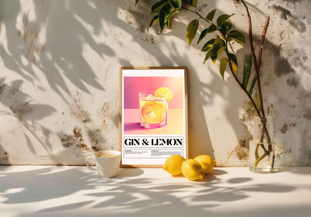 Poster med en gul Gin & Lemon cocktail i ett lågt glas med is och citronskivor, mot en rosa-gul gradientbakgrund. Under bilden står "GIN & LEMON" med ingredienser och tillredningsinstruktioner.