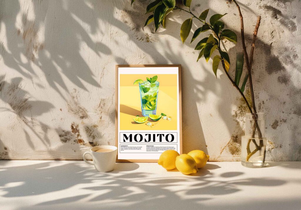 Poster med en grön Mojito i ett högt glas med lime, mynta och krossad is. På bordet framför ligger limeklyftor, myntablad och sockerbitar. Under bilden står "MOJITO" med ingredienser och tillredningsinstruktioner.