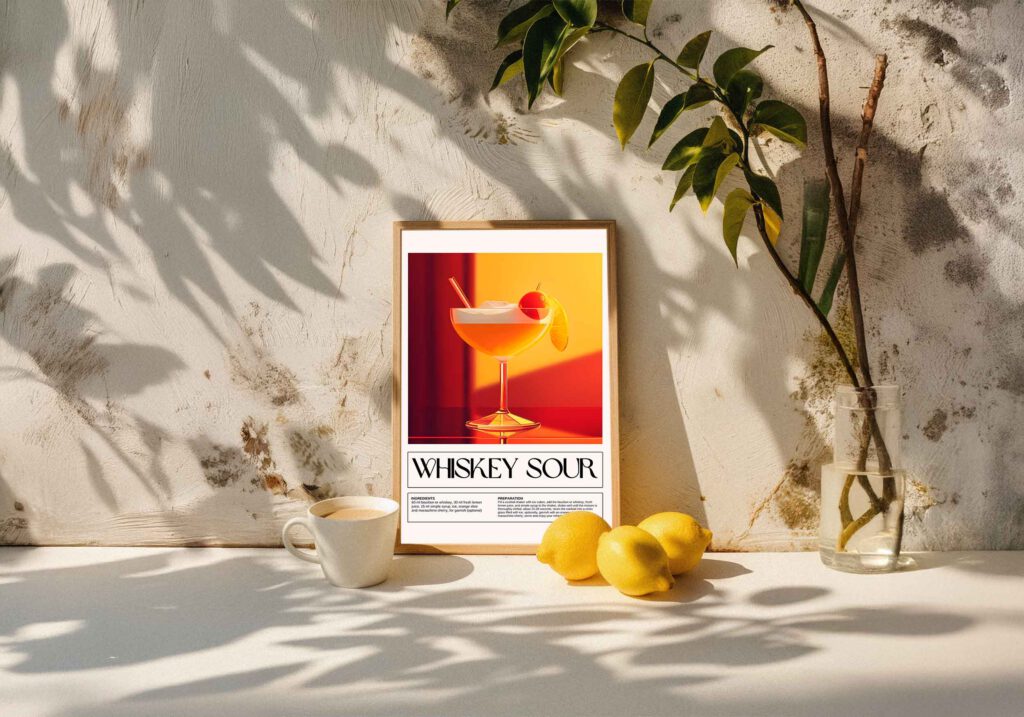 Illustration av en Whiskey Sour cocktail i ett coupeglas med apelsinskiva och körsbär. Recept och instruktioner för drinken anges tydligt undertill.